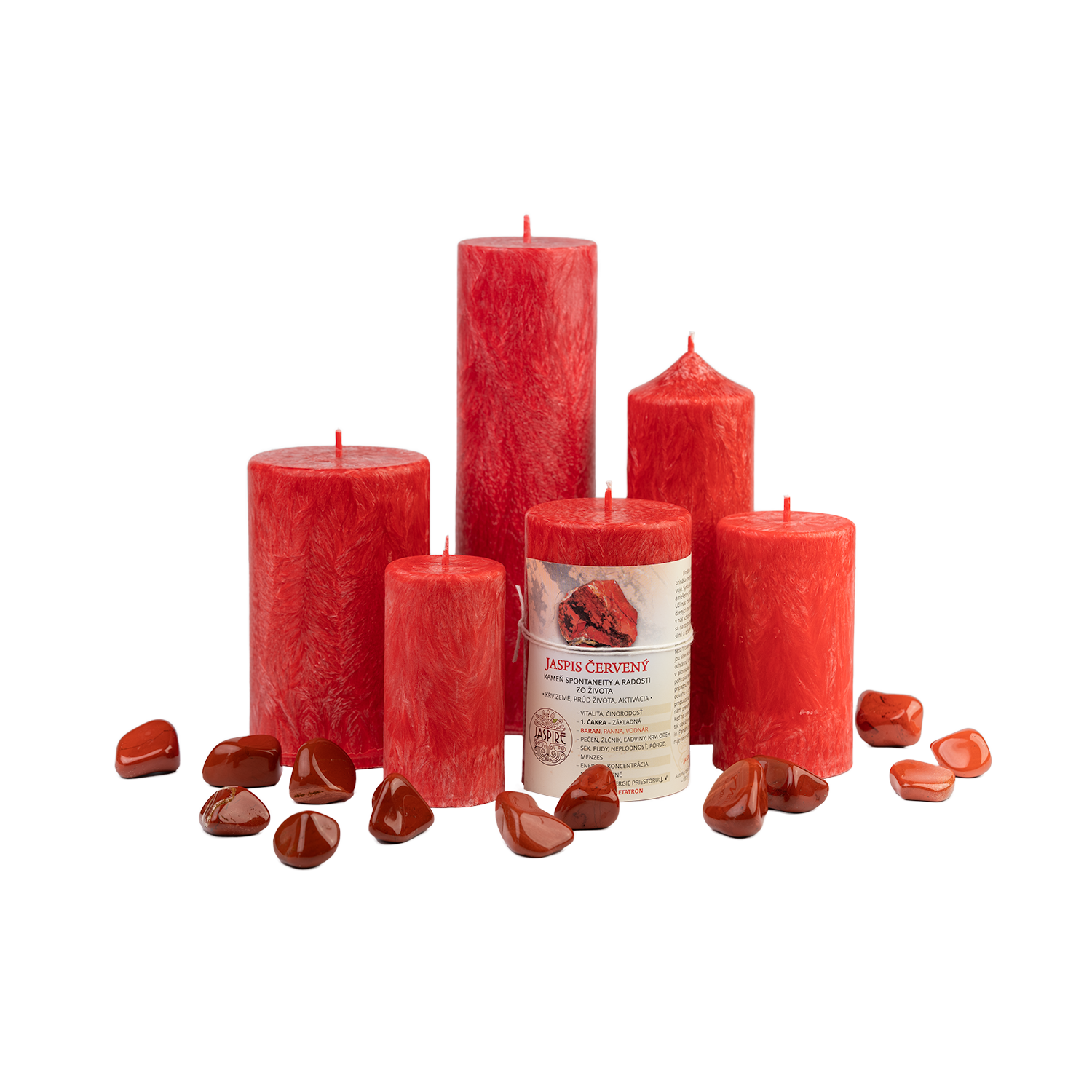 Energetická sviečka JASPIRE® s energiou kameňa červený Jaspis /Baran / 70x110 mm