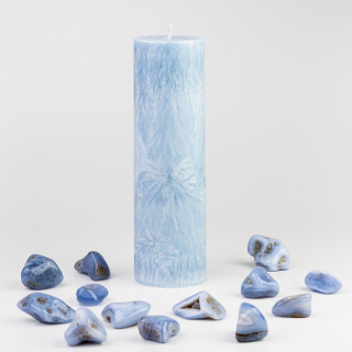 Energetická sviečka JASPIRE® s energiou kameňa Chalcedón modrý/Strelec/65x220 mm
